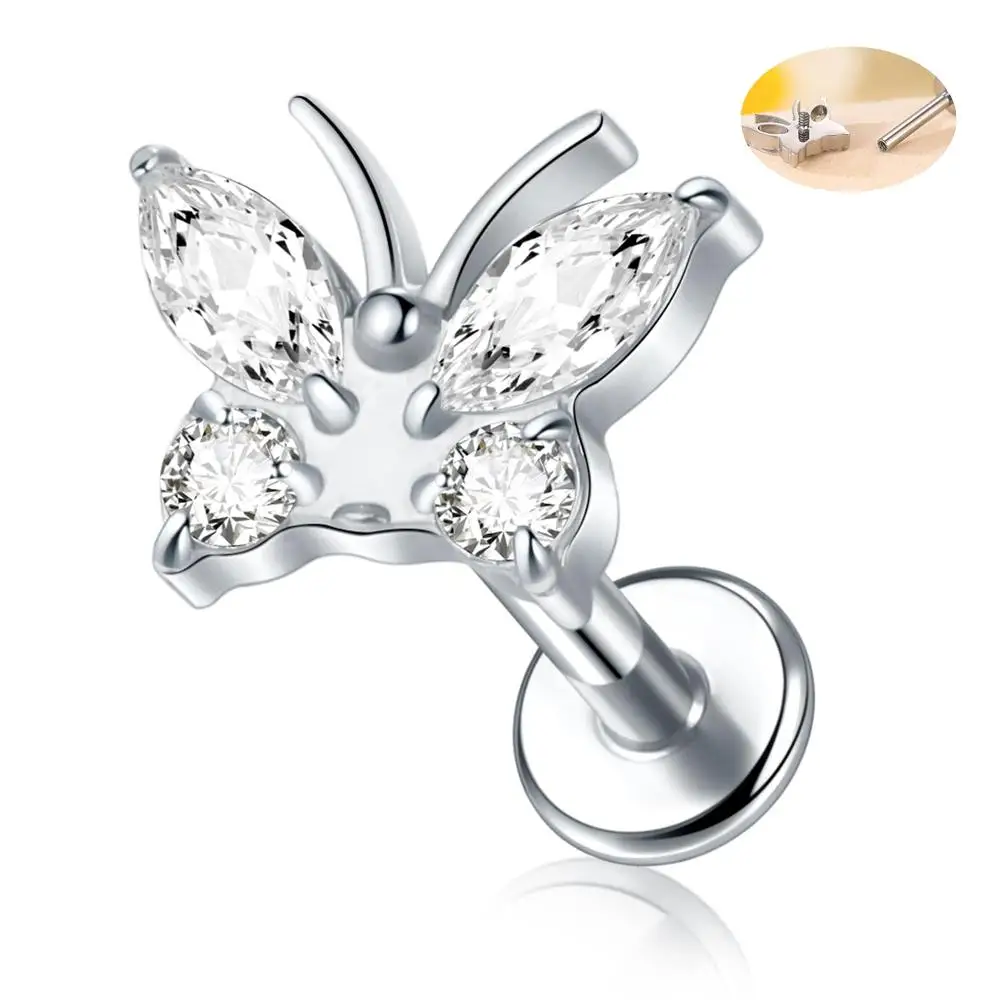 16 جرام G23 التيتانيوم فراشة Labret مونرو الشفاه خواتم ترصيع اللولب الغضروف الزنمة مسمار ثقب المجوهرات