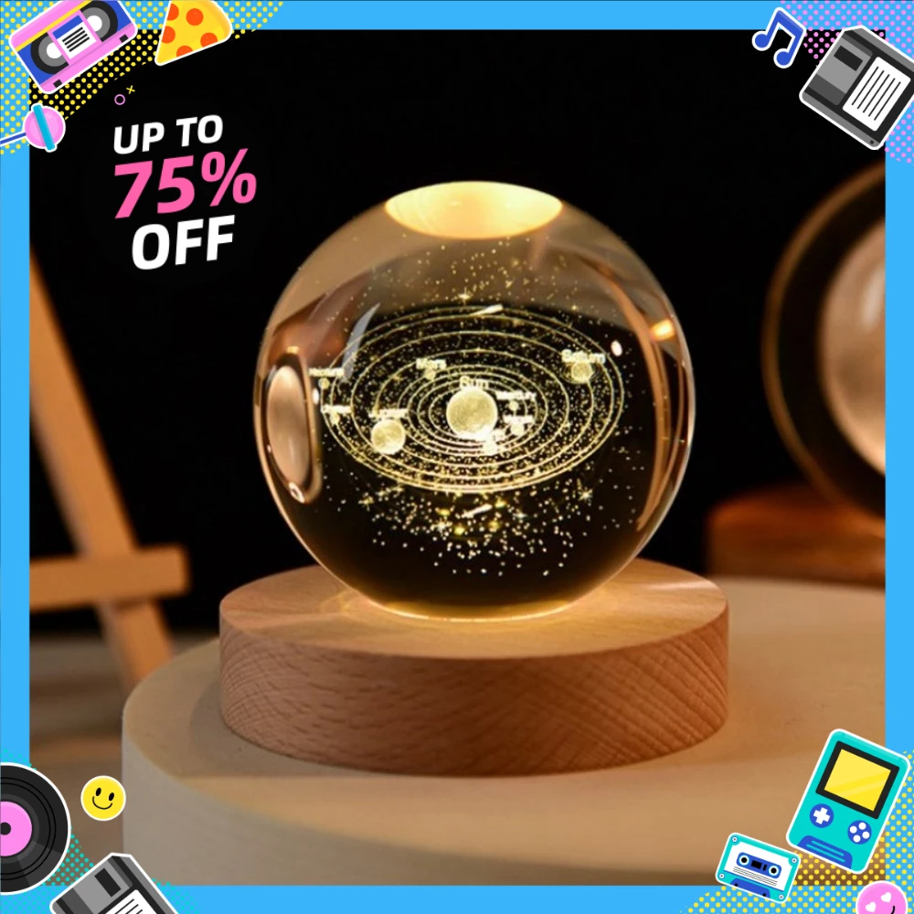 

Christmas Artisan 6cm Solar System Crystal Ball Collection - 3D Laser Engraved Glass Planets with Warm LED Night Light Display