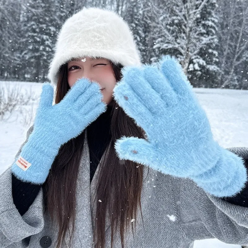 

INS Style однотонные плюшевые теплые перчатки для женщин — мягкие зимние велосипедные перчатки с пятью пальцами и сенсорным экраном, морозостойкие и милые