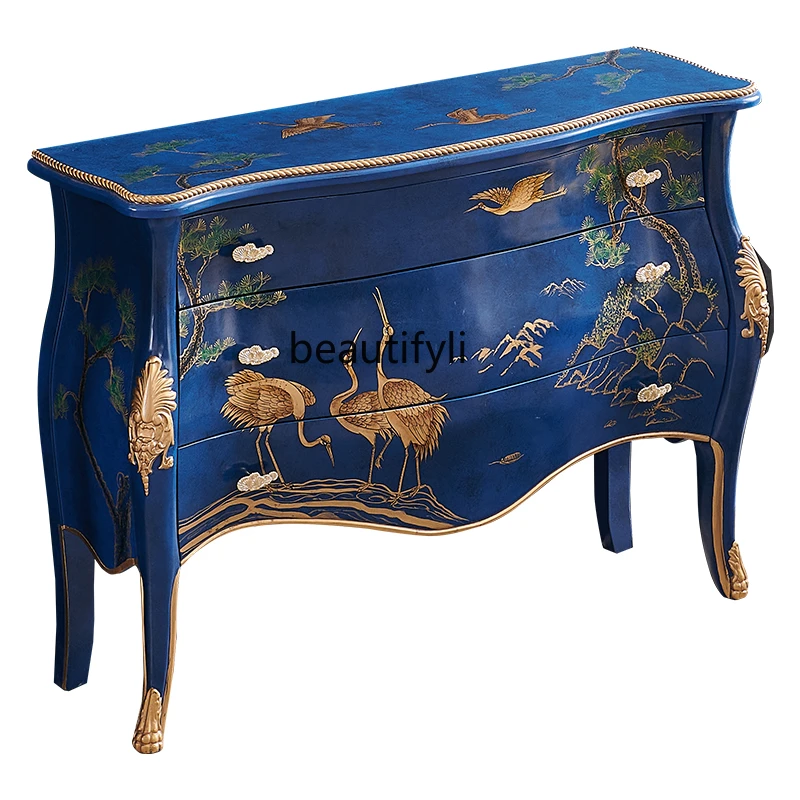 French Solid Wood Painted Luxury Entrance Cabinet New Chinese Style Corridor Aisle Curio Cabinet