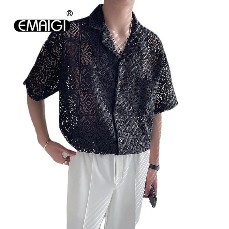 

Summer Men Mesh Hollow Lace Short Sleeve Loose Casual Vintage Shirts Male Beach Shirts Male Streetwear Fashion Shirts Blouse