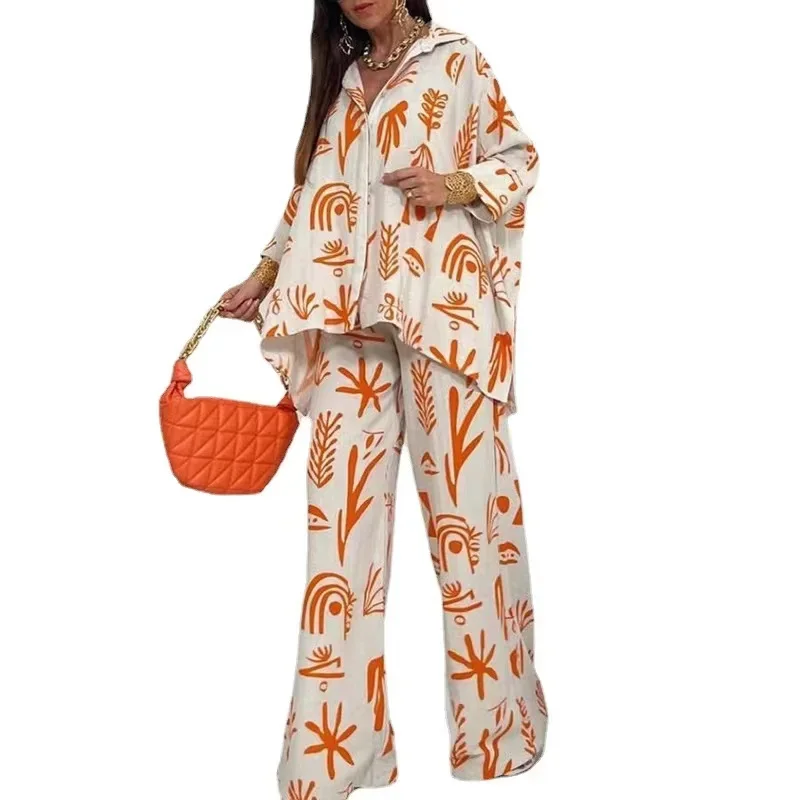 Conjunto feminino de calças largas de duas peças, manga comprida, camisa de botão, roupas femininas casuais, terno de primavera e outono, 2022