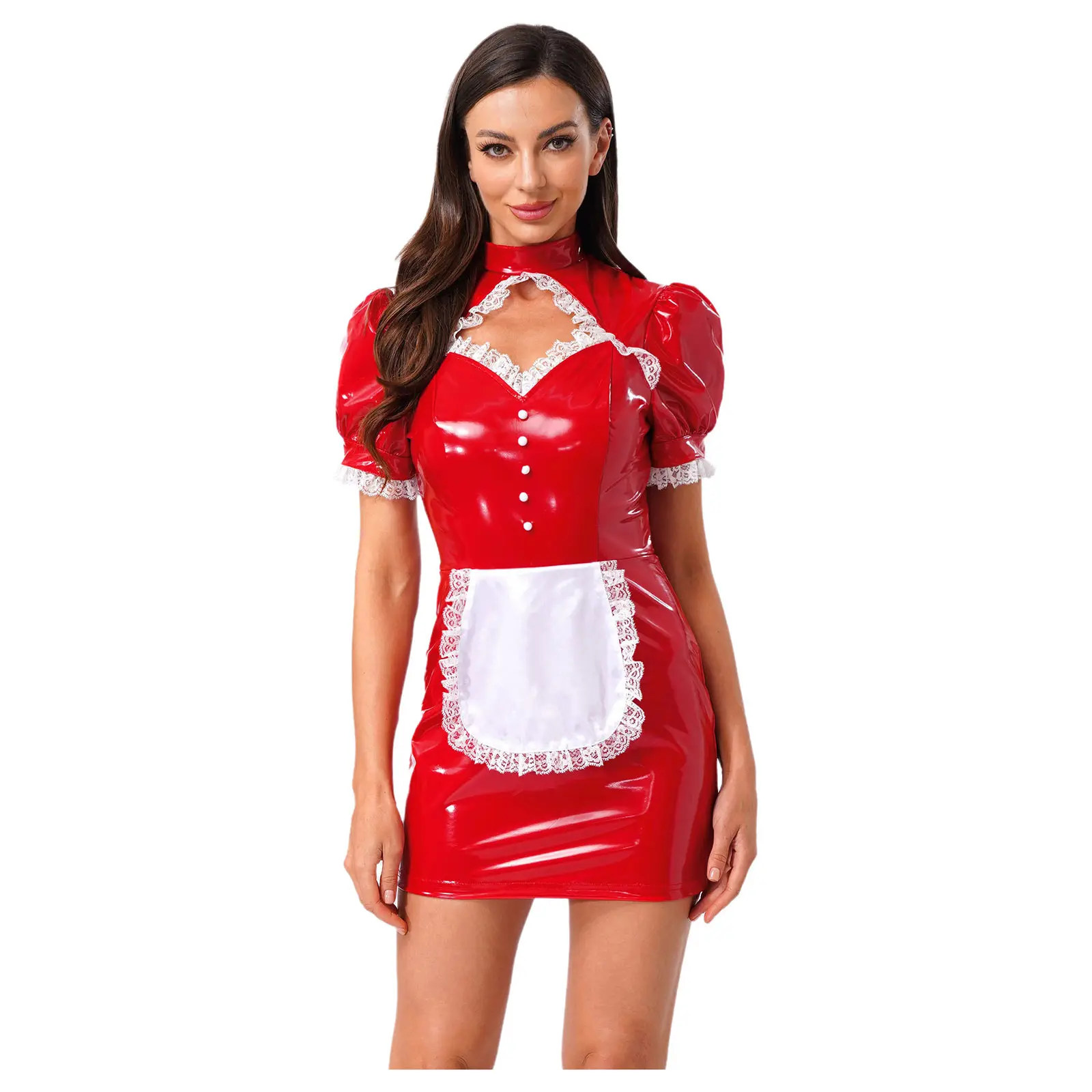 إمرأة بولي Leather الجلود اللاتكس خادمة تأثيري حلي فستان من الدانتيل تقليم المئزر لامعة بولي Bodycon فستان خادمة ملابس الهالوين