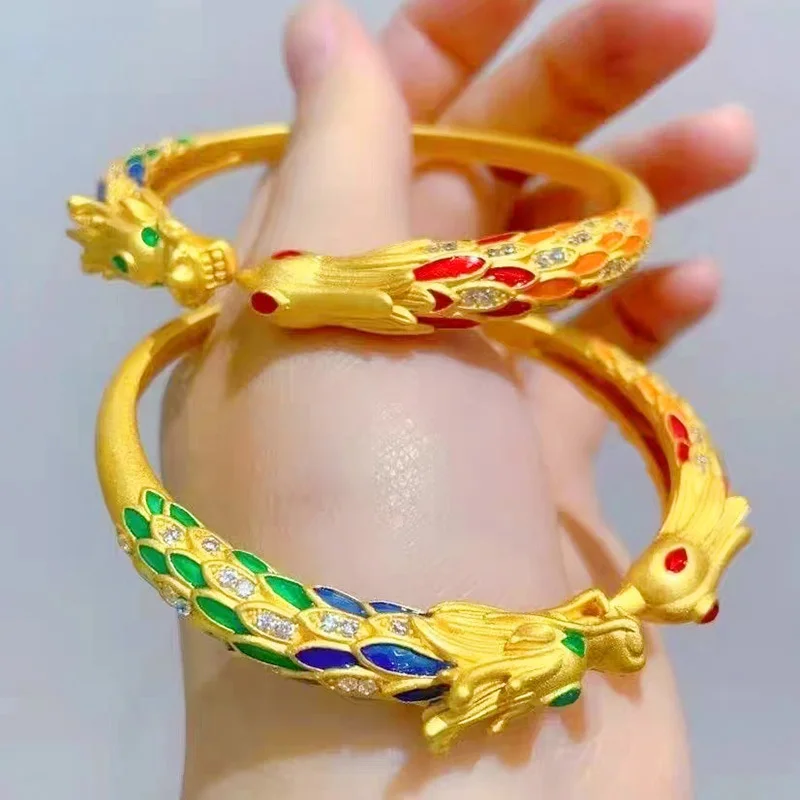 

High quality genuine gold AU750 palace style 24K women's bracelet 999 enamel dragon and phoenix auspicious opening bracelet