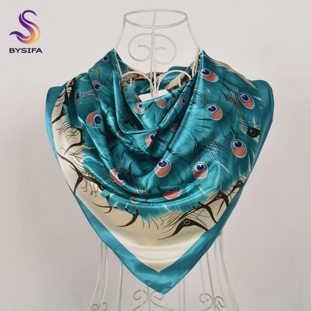 

BYSIFA|Blue Peacock Silk Shawl Women Summer Beach Shawl Fall Winter Neck Head Scarf Scarf Fashion Brand Spring Silk Scarf Hijab