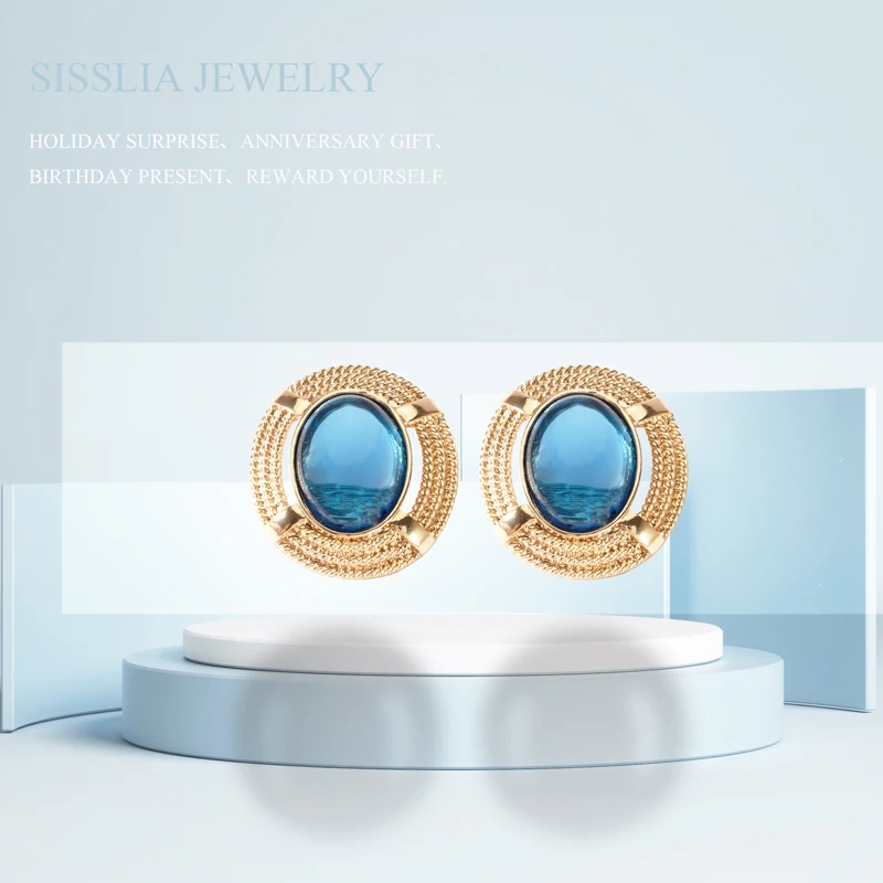 SISSLIA Vintage Resin Oval Geometric Hollow Metal Stud Earrings For Women Jewelry Accessorie