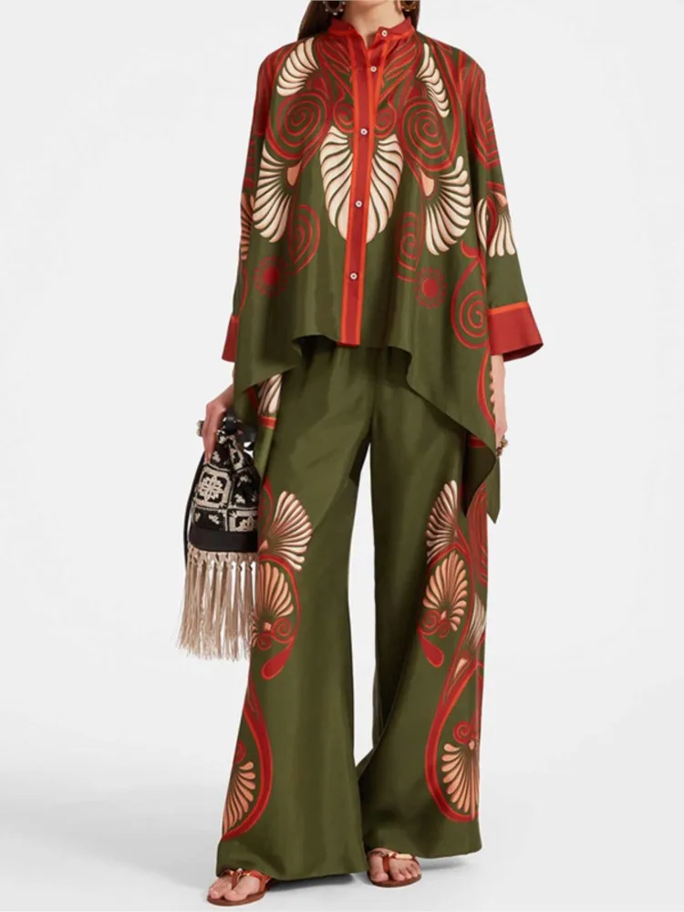 

Fashion Pants Sets Women Irregular Vintage Print Loose Long Sleeve Shirt Wide Leg Trousers Two Piece Set Female Trend Streetwear