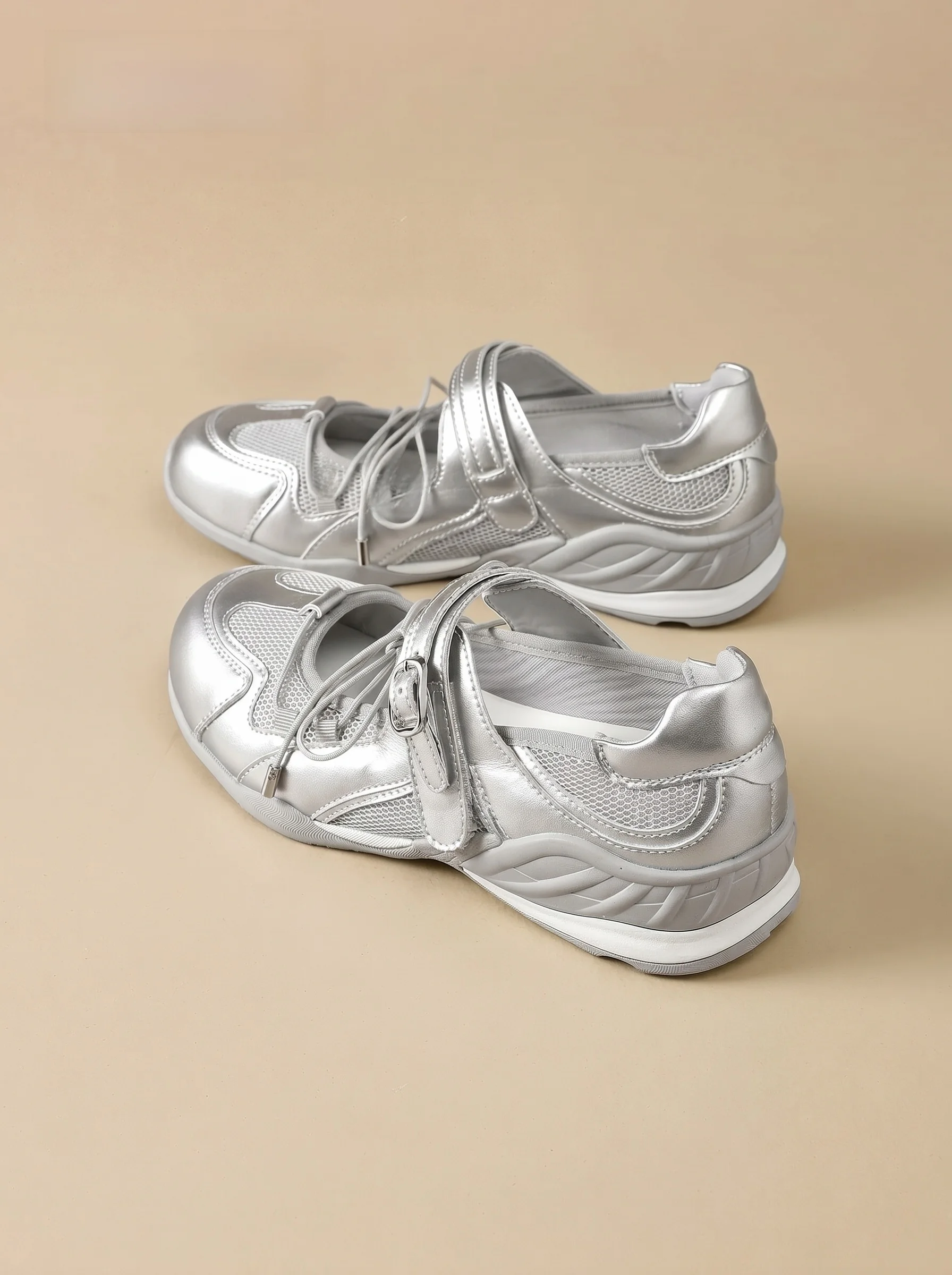 Silver Mary Jane Ballet Flat Shoes Women's Summer Sporty Breathable Casual Shoes Low Cut Lace up Sneakers Comfortable Cotton