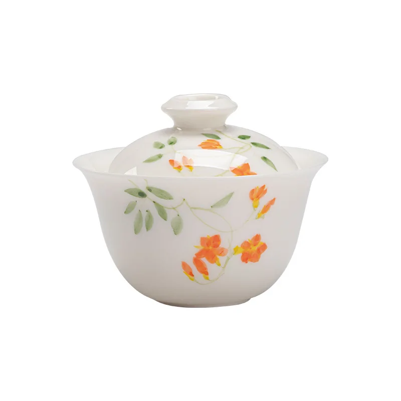 Jade Clay White Porcelain Hand-painted Kung Fu Set Ceramic Tea Bowl Household Scholar's Ware Underglaze Color Gaiwan