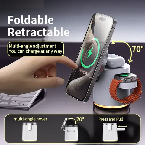 Cargador inalámbrico Qi2 de 15W, soporte de carga magnético plegable 3 en 1, soporte de escritorio portátil Compatible con auriculares de teléfono inteligente
