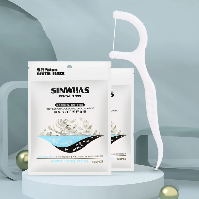 Palillos de hilo Dental para adultos, púas Total de 100 (blanco), bolsa empaquetada, palo de hilo Dental ultrafino para la familia