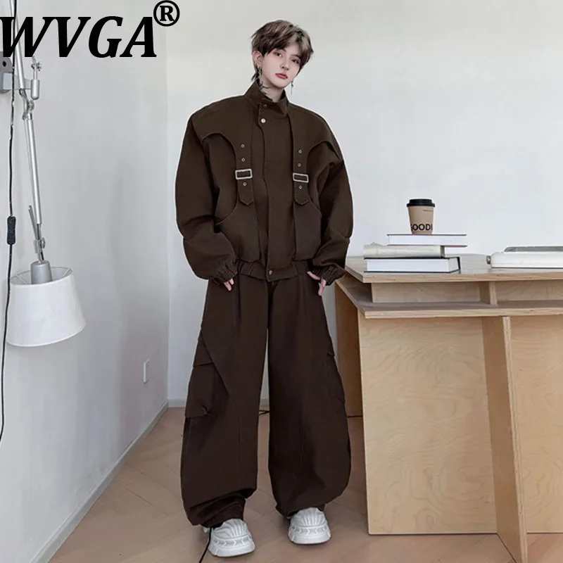 WVGA Spring Autumn New Men Tide Solid Color Metal Buckle Trendy Jacket Niche Chic Casual Wide-Leg PantsTwo Pieces Set Ins W17117