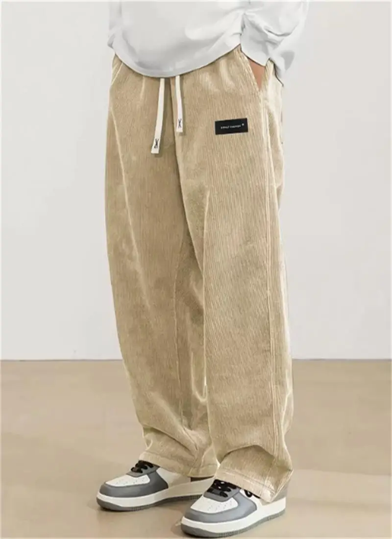 Autumn Mens Corduroy Casual Pants Fashion Loose Fit Pants Straight Sweatpants Elastic Waist Drawstring Outdoor Streetwear