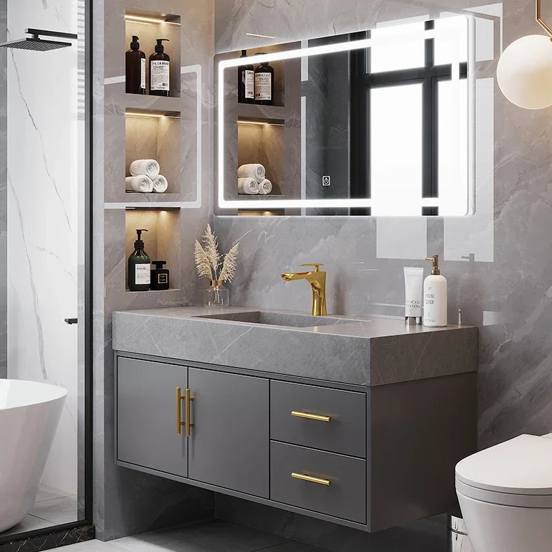 

Light luxury rock slab integrated bathroom cabinet Intelligent solid wood mirror cabinet Modern simple hand and face basin