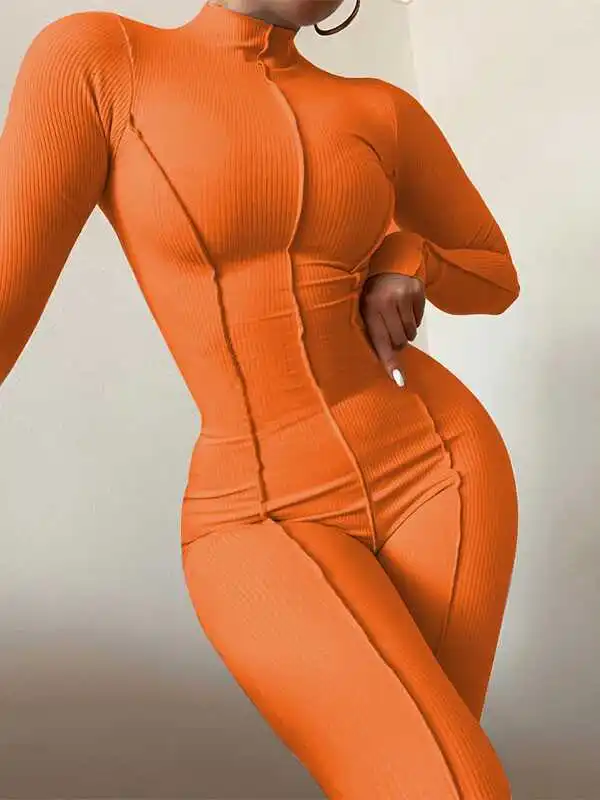 

High Waist Jumpsuit Sexy Slim Long Sve Color Street Sle Women's One-Piece Suit High Waist Long Pants Polyester Fabric