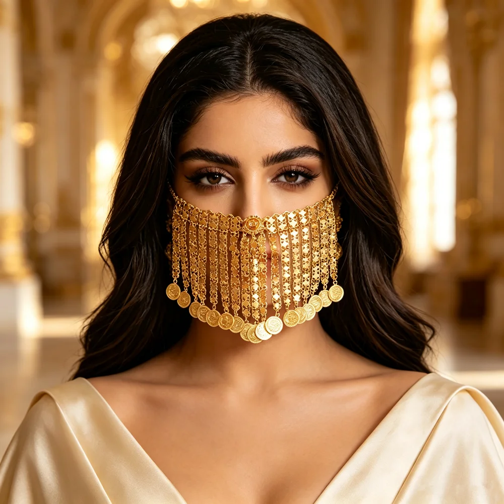 Women's Facial Chain Traditional Indian Arab Wedding Party Jewelry Accessories Middle East Style Gold Tassel Veil Headwear