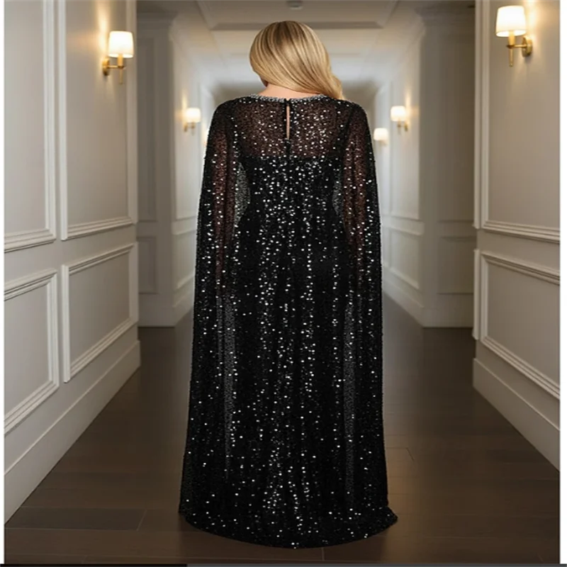 Abito da ballo a sirena/tromba tubino/colonna lungo fino al pavimento con mantella abito da sera abito formale elegante scintillante maniche scintillanti