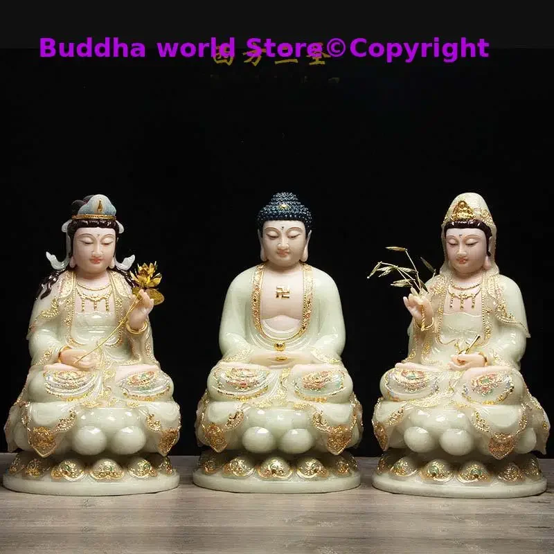 

A set 3P High grade jade gilding XI FANG SAN SHENG Buddha Gods statue Amitabha Guanyin Mahasthamaprapta HOME shrine protection