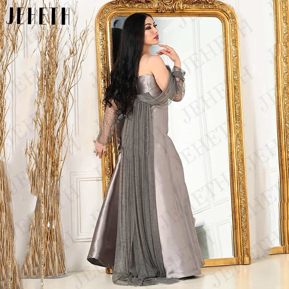 JEHETH فساتين السهرة Strapless Satin Evening Dresses Dubai A Line Long Sleeves Arabic Off Shoulder Prom Gown Formal Backless