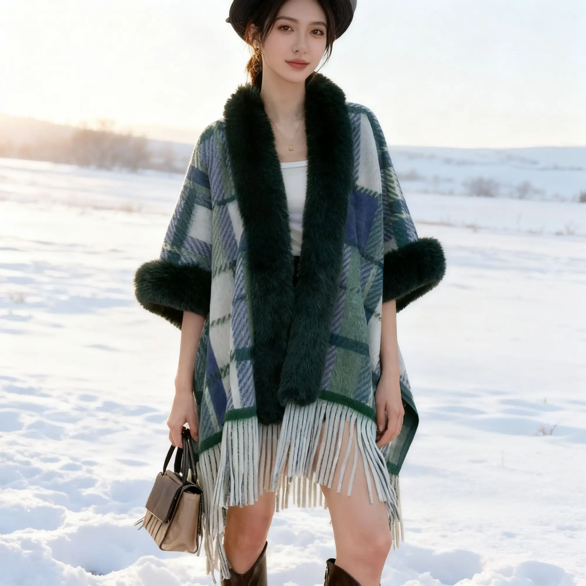 

2025 Fashion Winter Keep Warm Capes Plus Size Sleeves Poncho Cloak Women Turn-Down Faux Fur Collar Loose Cardigan Shawl Coat