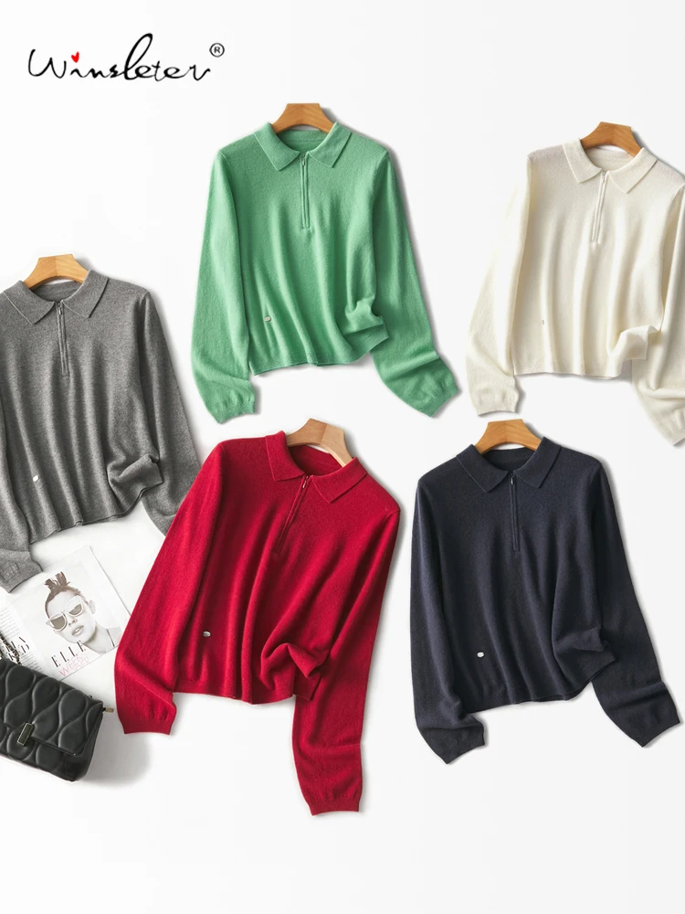 

Winsleter-100%Sheep Wool Elegant Sweater, Polo Collar Zipper, Women Fashion Casual Lazy Loose Knit Sweater, 2025 Autumn T5O867CC