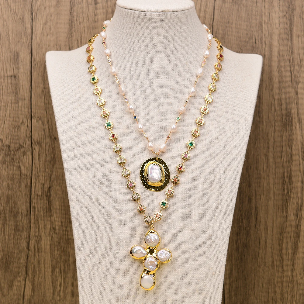 GG 2 Strands Natural White Keshi Pearl Mix Color CZ Chain Necklace Gold Edge Plated Coin Pearl Cross Pendant For Women