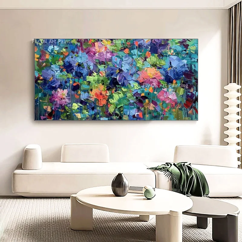 

Abstarct Blue Green Flowers Landscape Canvas Oil Painting Original Hand Drawn Colorful Florals Field Artwork Modern Wall Art