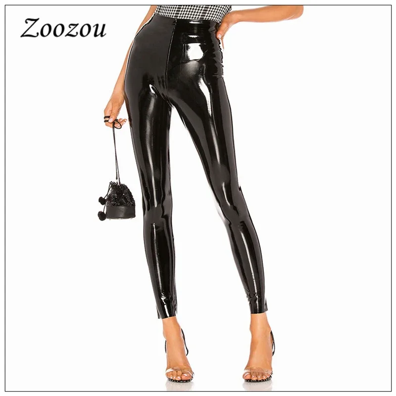 Black Skinny Latex Faux Leather Pants PU Pantent Leather Leggings Commando Women Slim High Waist Sexy Bodycon Pant Capris CUSTOM