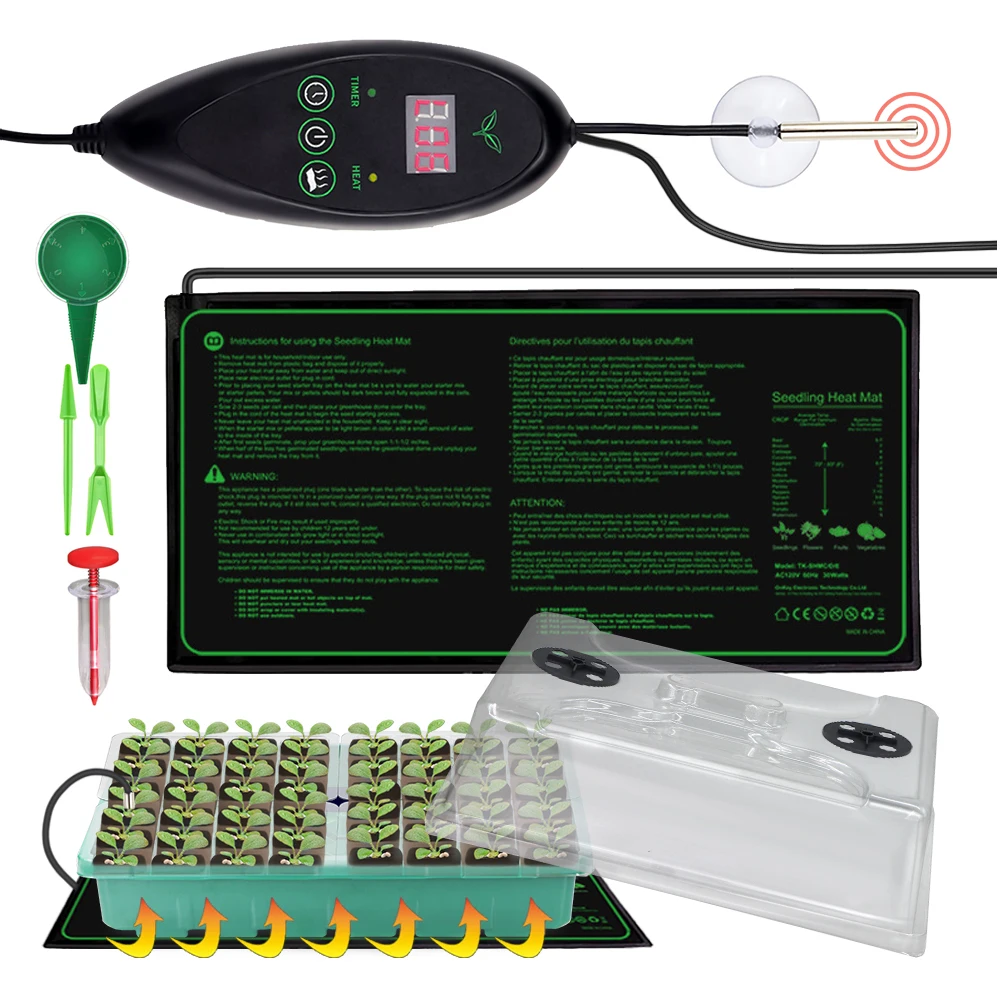 48 Cells Seedling Trays Germination Box with 30W Heating Warm Mat Indoor Seeds Starter Tray Kit Adjustable Temperature Humidity