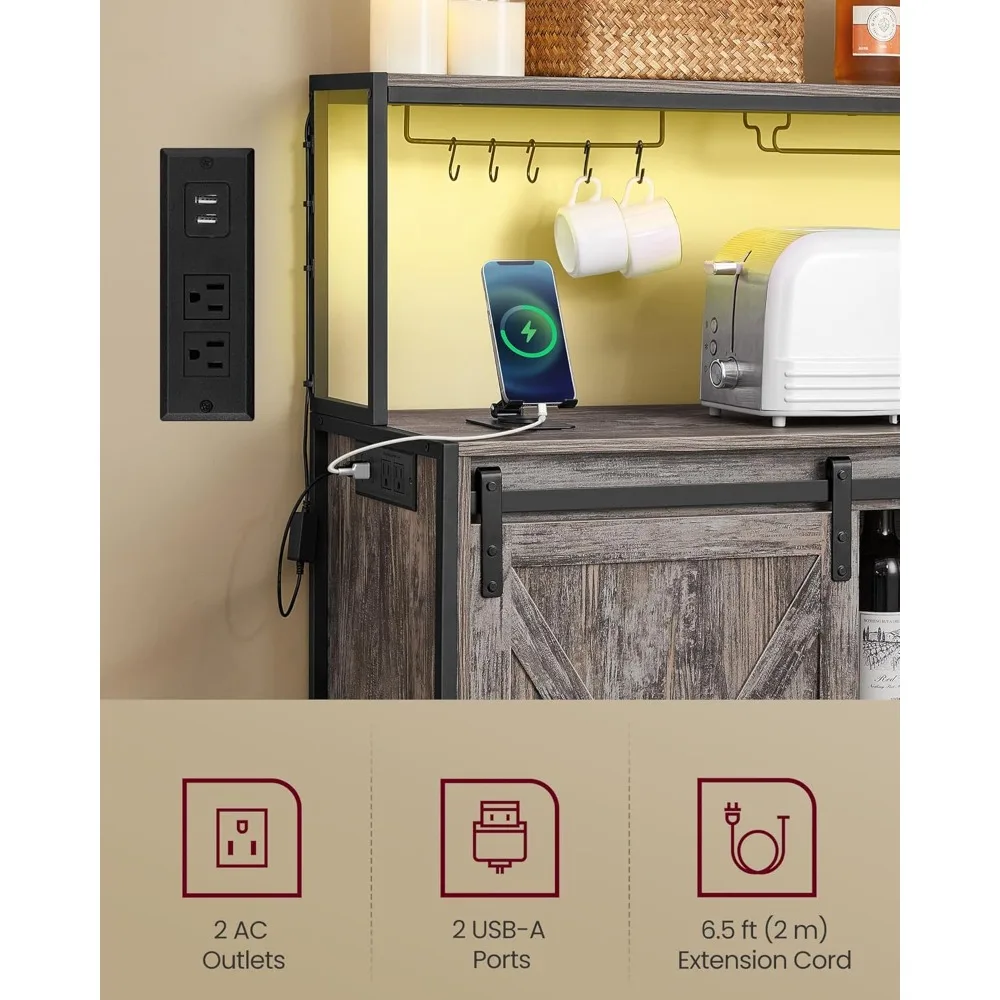 خزانة بار القهوة مع مخرج طاقة وإضاءة LED للتحكم الصوتي، وخزانة بوفيه مع أبواب الحظيرة المنزلقة، وخطافات S، والنبيذ #6