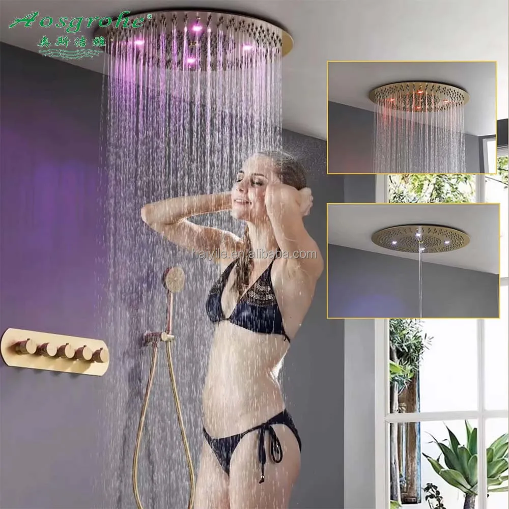 23.6 Inch Round Canopy Ceiling Concealed Shower Set, Suspended Ceiling Recessed Russ Gold, LED Light, Thermostatic Top  Bathroom