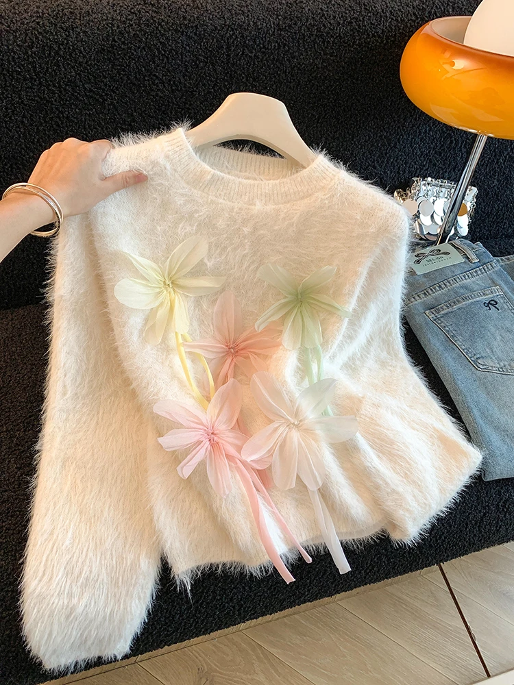 

Gentle style three-dimensional flower beautiful knitted sweater women autumn and winter thick and sweet mink fur sweater
