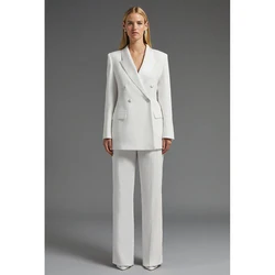 High-end White Double Breasted Women Suit Two Pieces(Jacket+Pants) Lapel Outfits Chic Casual Party Prom Wedding Set