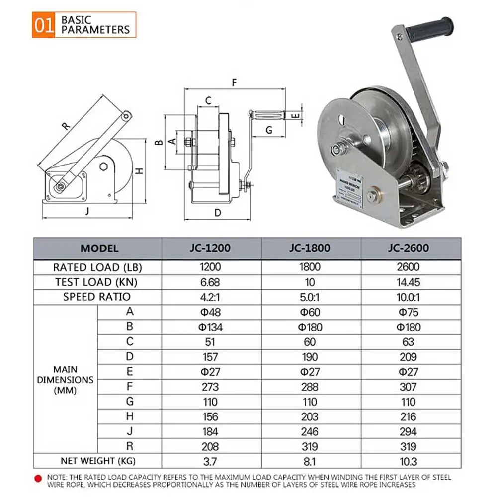 1600lb Stainless Steel Hand Crank Two-Way Self-Locking Manual Winch Household Portable Traction Hoist with Brake Manual Winch