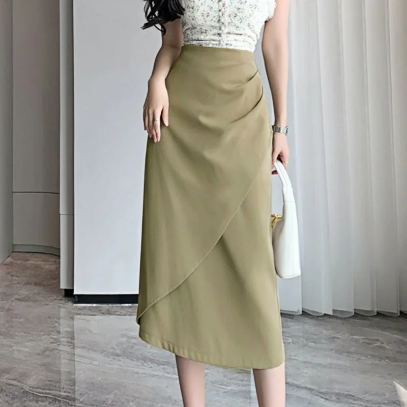 

Seoulish Vintage Solid Irregular Long Skirts for Women 2025 New Summer Office Lady High Waist Keen Length Pencil Pleated Skirts