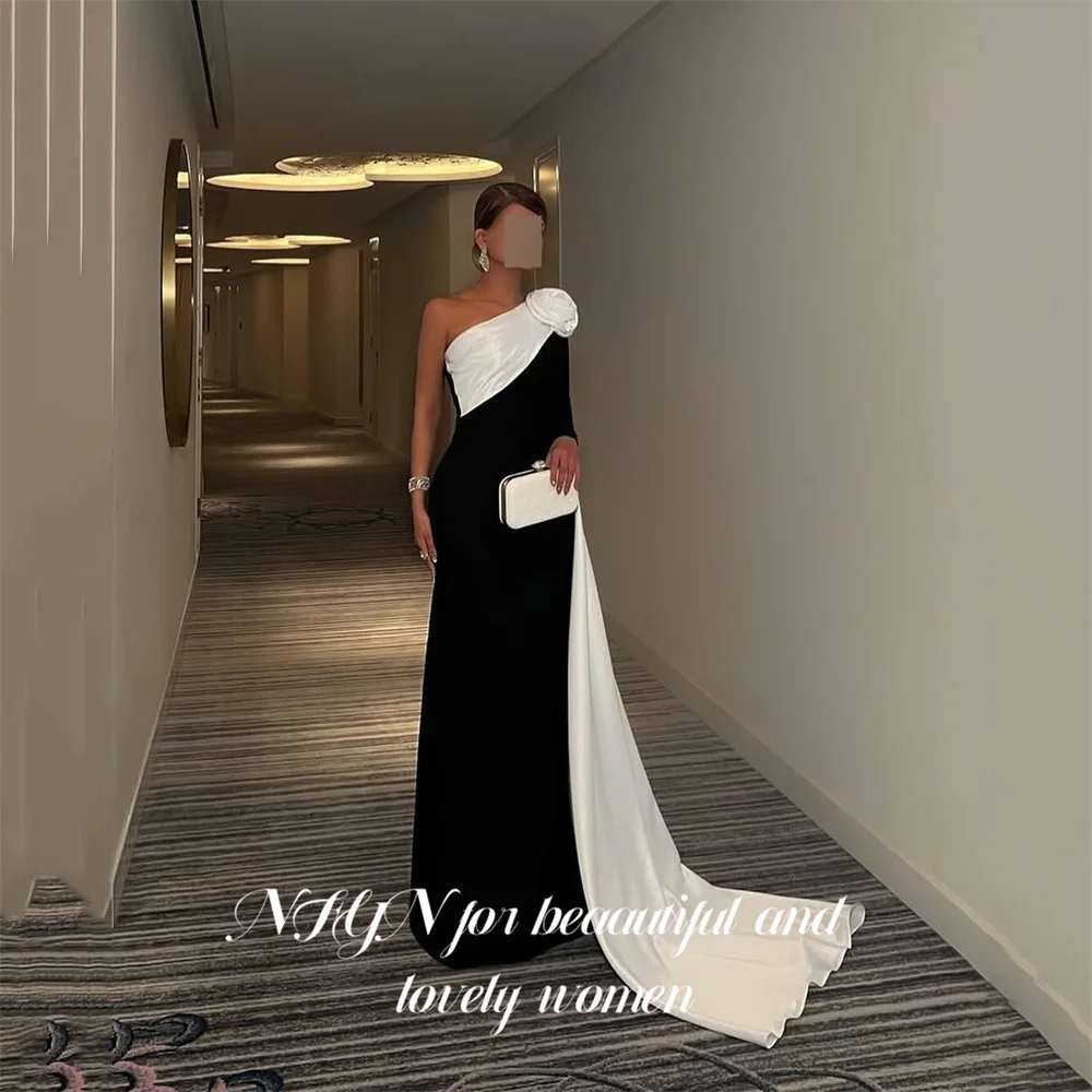 

NFYN Black Party Dress One Shoulder فساتين السهرة Night Dress Flowy Cape Celebrity Dress Satin for Woman Customized