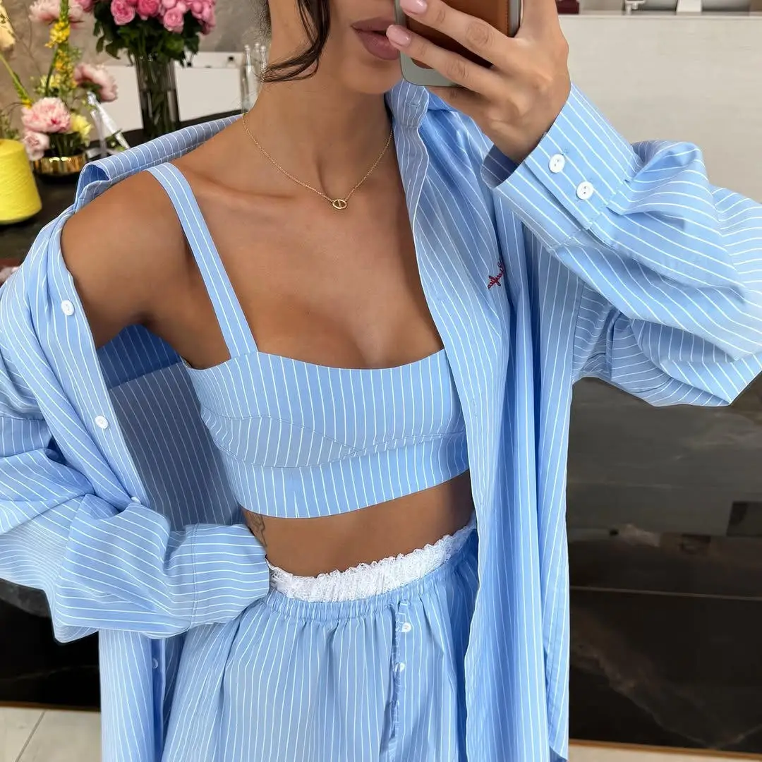 

Синяя полосатая рубашка и шорты с широкими штанинами: модный летний комплект для женщин, брюки с длинными рукавами, длина 5 дюймов, подходят для всех сезонов.