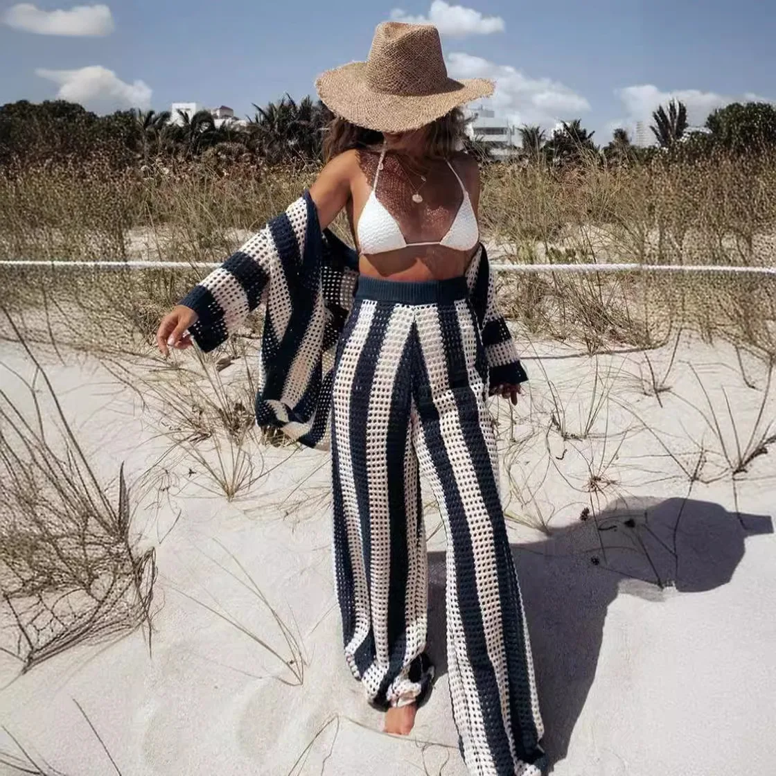 NHKDSASA Home Wear Hollow Stripe Shirts 2 Piece Sets Sexy V Neck Wide Leg Pants Suits 2024 Summer Ladies Beach Vacation Outfit