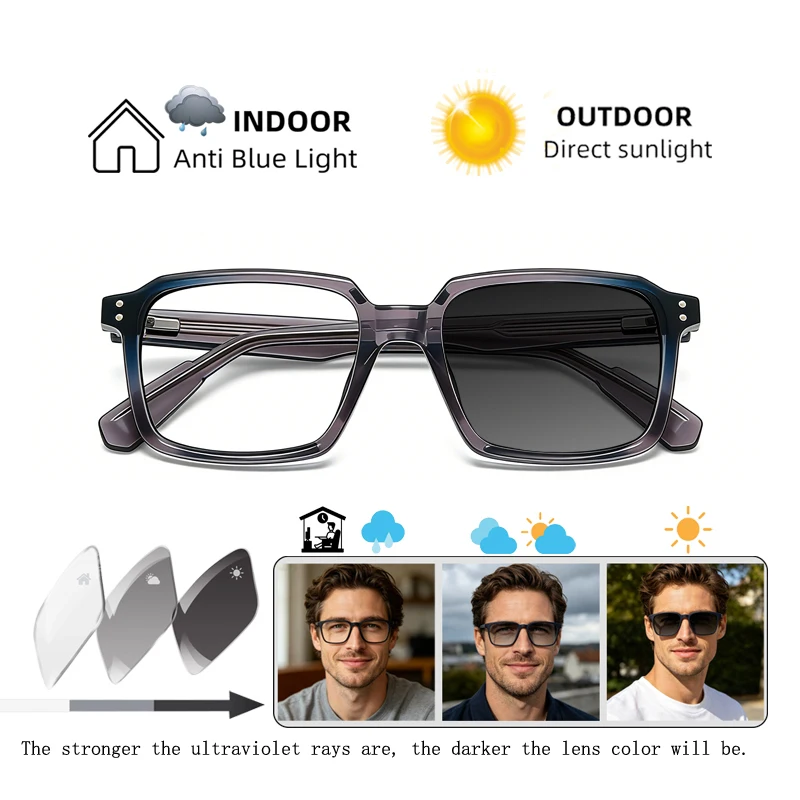 

Fashion Propionic Acid Fiber Square Frame Photochromic Prescription Glasses Anti Blue Light Hyperopia Myopia Astigmatism Eyewear