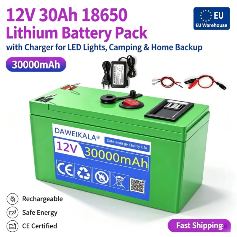 2026 Neuer 12V Wiederaufladbarer 18650 Lithium-Akku 30Ah mit Ladegerät für LED-Leuchten, Camping und Notstromversorgung für Zuhause