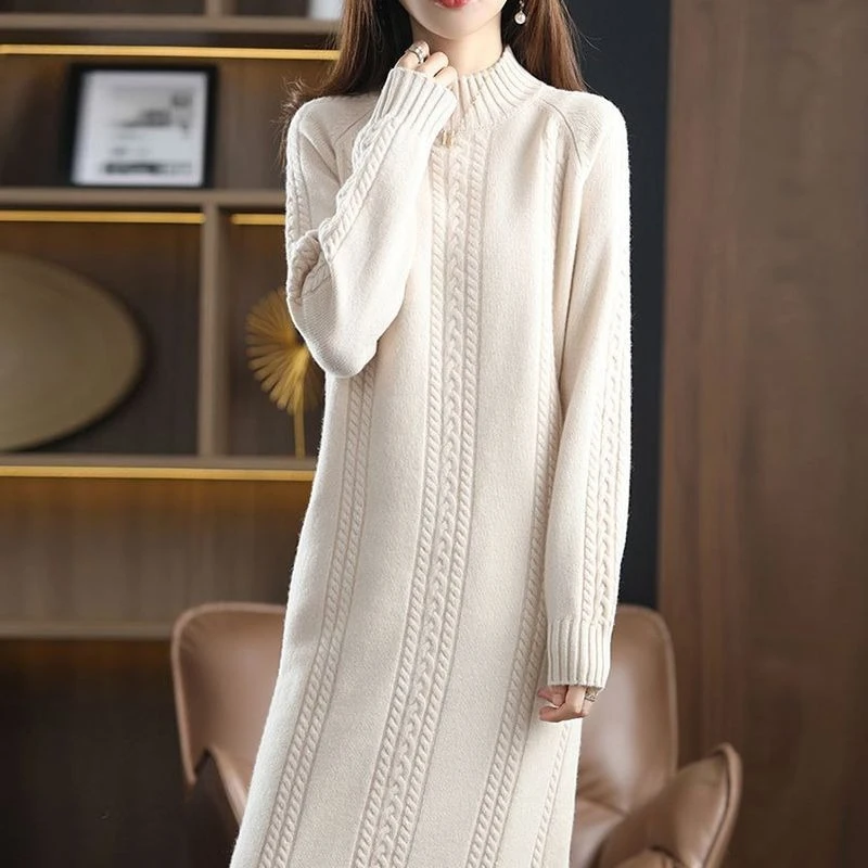 Women Over Knee Sweater Dress Half Turtleneck Long Knitted Pullover Solid Loose Winter Fall Casual Midi Dress