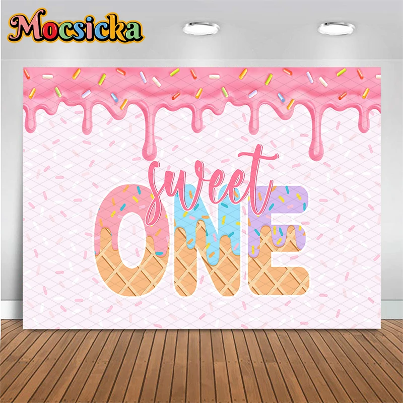 Mocsicka Sweet One Birthday Photography Background Ice Cream Pink Melting Frosting Background Toddler Baby Girl Cake Table Decor