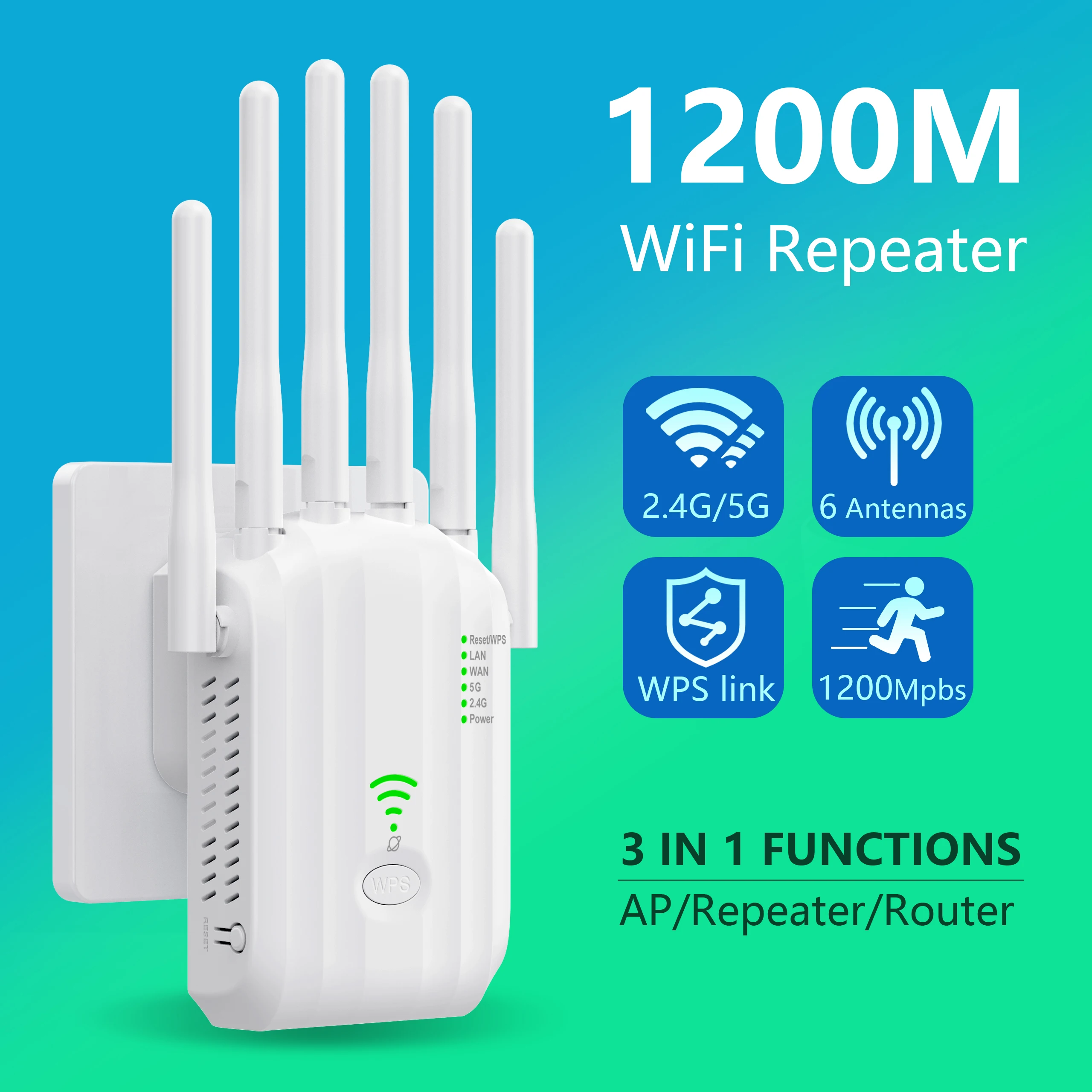 5Ghz AC1200 WiFi Repeater 1200Mbps Wireless WiFi Extender Amplifier 2.4G/5GHz Dual Band WPS Signal Booster Long Range Network