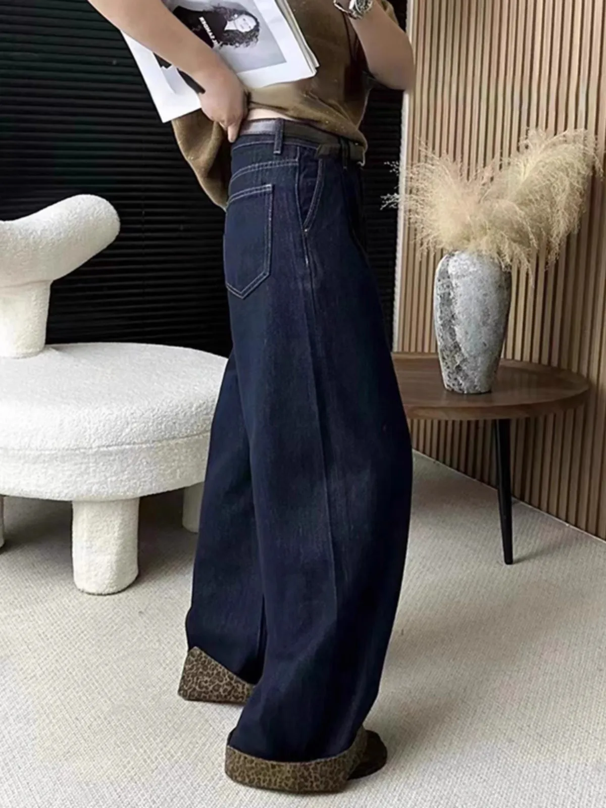 Y2K 와이드 레그 팬츠 여성 레오파드 프린트 롤드 엣지 플리츠 디자인 다크 다목적 슬림 바닥 길이 가을 청바지