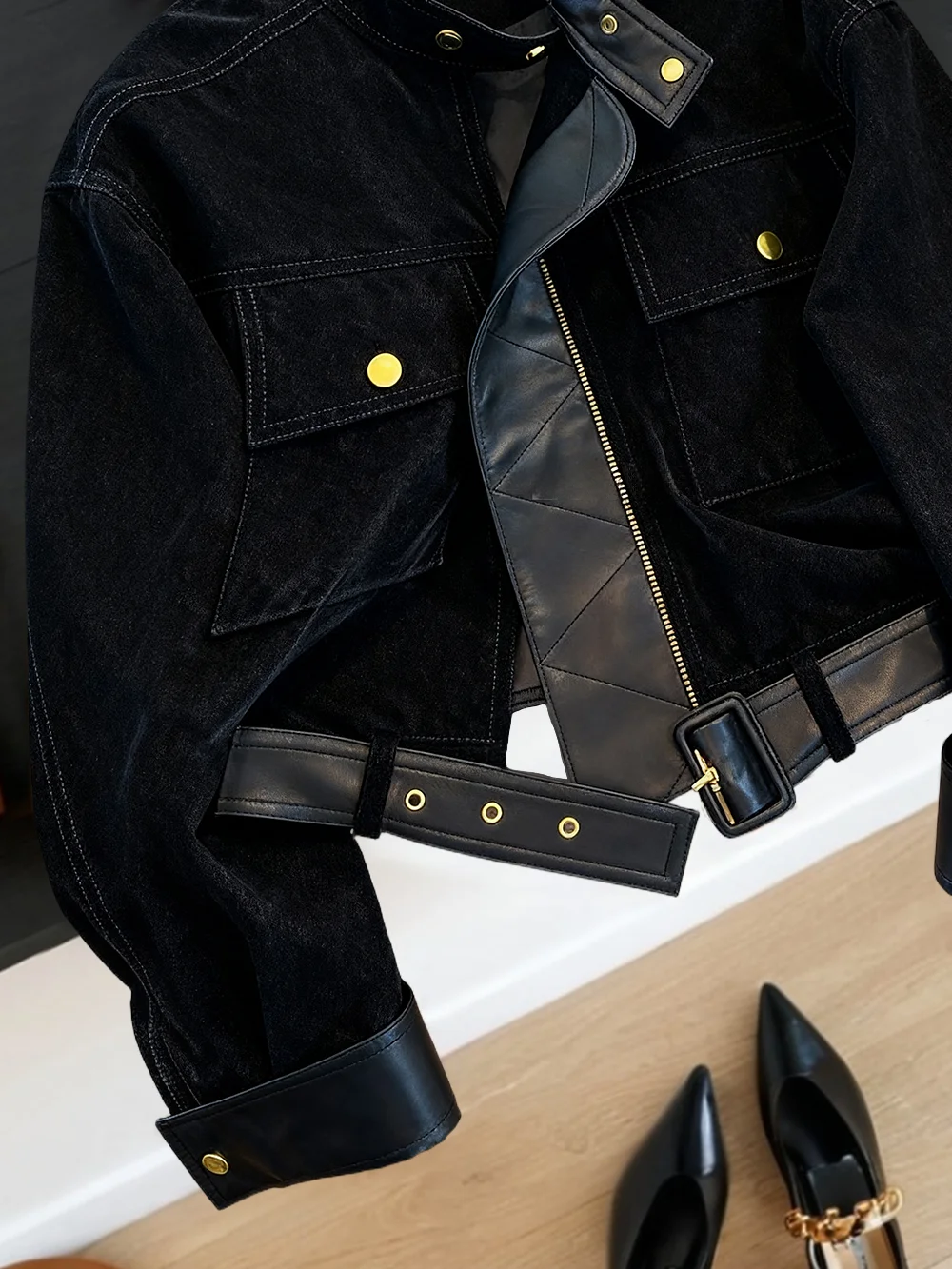 

Винтажное джато из искусственной кожи и замши в стиле пэчворк с воротником-стойкой, универсальное крутое милое верхнее пальто на весну и осень