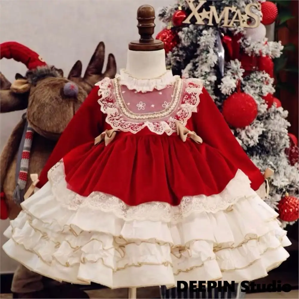 

2024 New Baby Girl Red Velvet Vintage Spanish Pompom Ball Princess Lolita Dress For EidalFitr Birthday 1M-7T