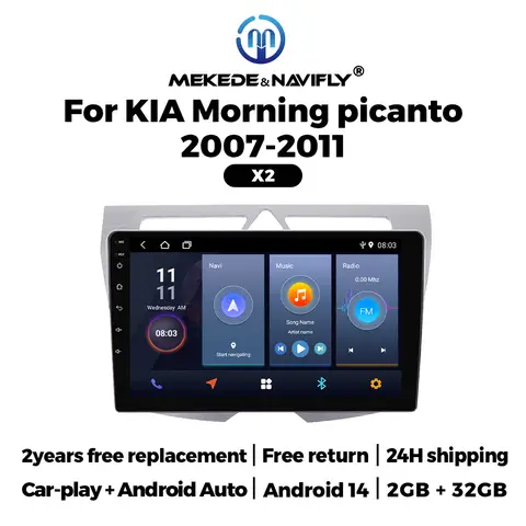 NAVIFLY 2DIN 안드로이드 14 9 인치 Kia Morning Picanto 2007 – 2010 차량용 멀티미디어 플레이어 Carplay + 자동 GPS 네비게이터 자동차 라디오