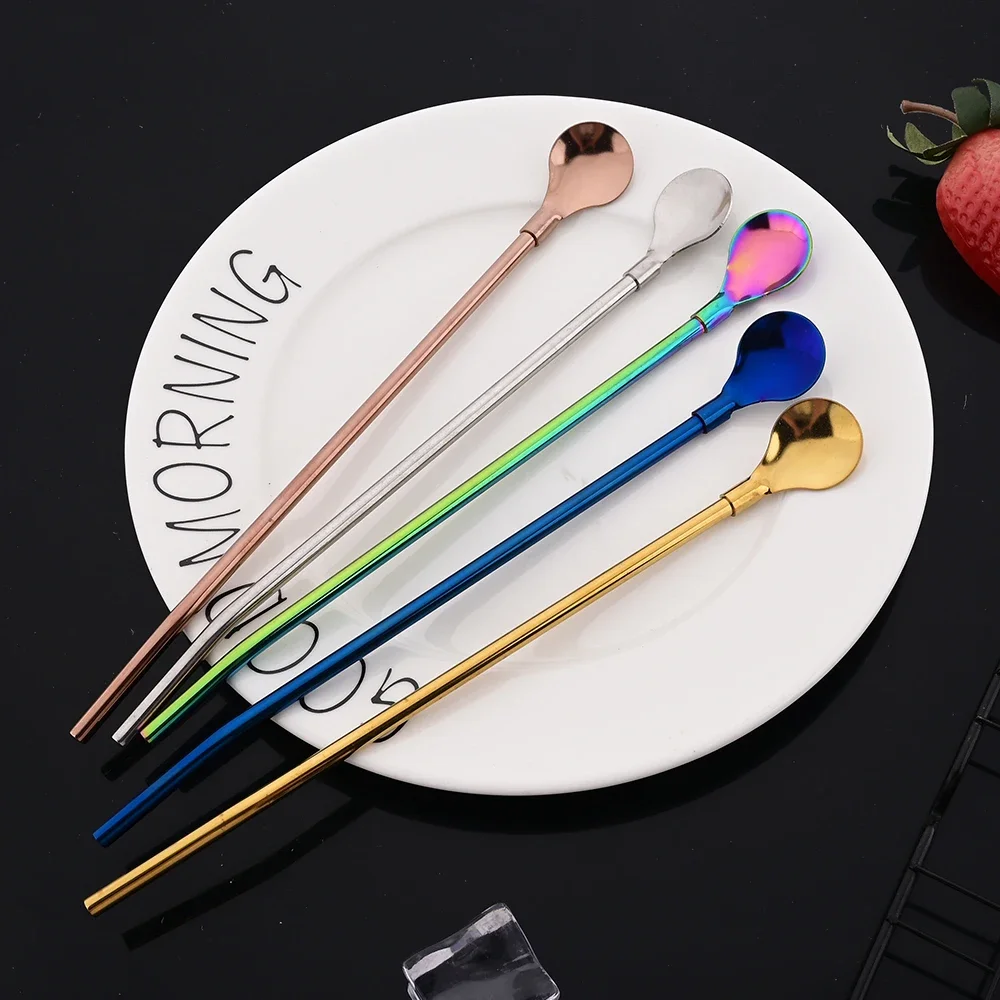 6Pcs Reusable Straw Spoon 18/10 Stainless Steel Colorful Straw Cocktail Drinking Straw Spoon Milk Bar Coffee Stirring Accessory