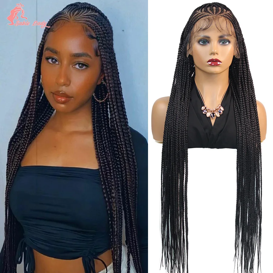 36Inch Knotless Box Braided Wigs Synthetic Full Lace Cornrows Braids Wig With Baby Hair Goddess Fulani Braiding Wigs Black Women