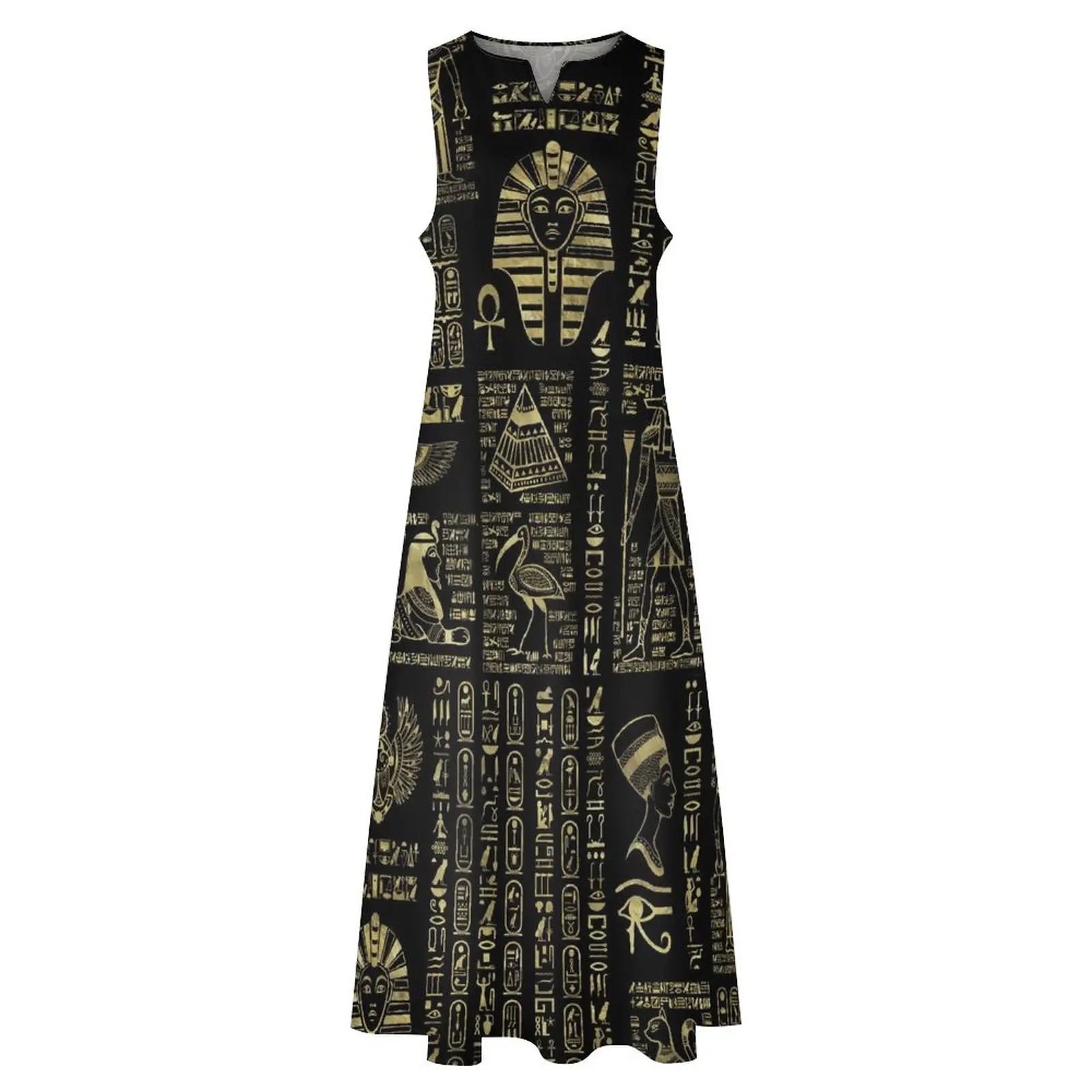 Retro Letter Print Dress Egyptian Hieroglyphs Vintage Maxi Dress Aesthetic Bohemia Long Dresses Summer V Neck Pattern Big Size